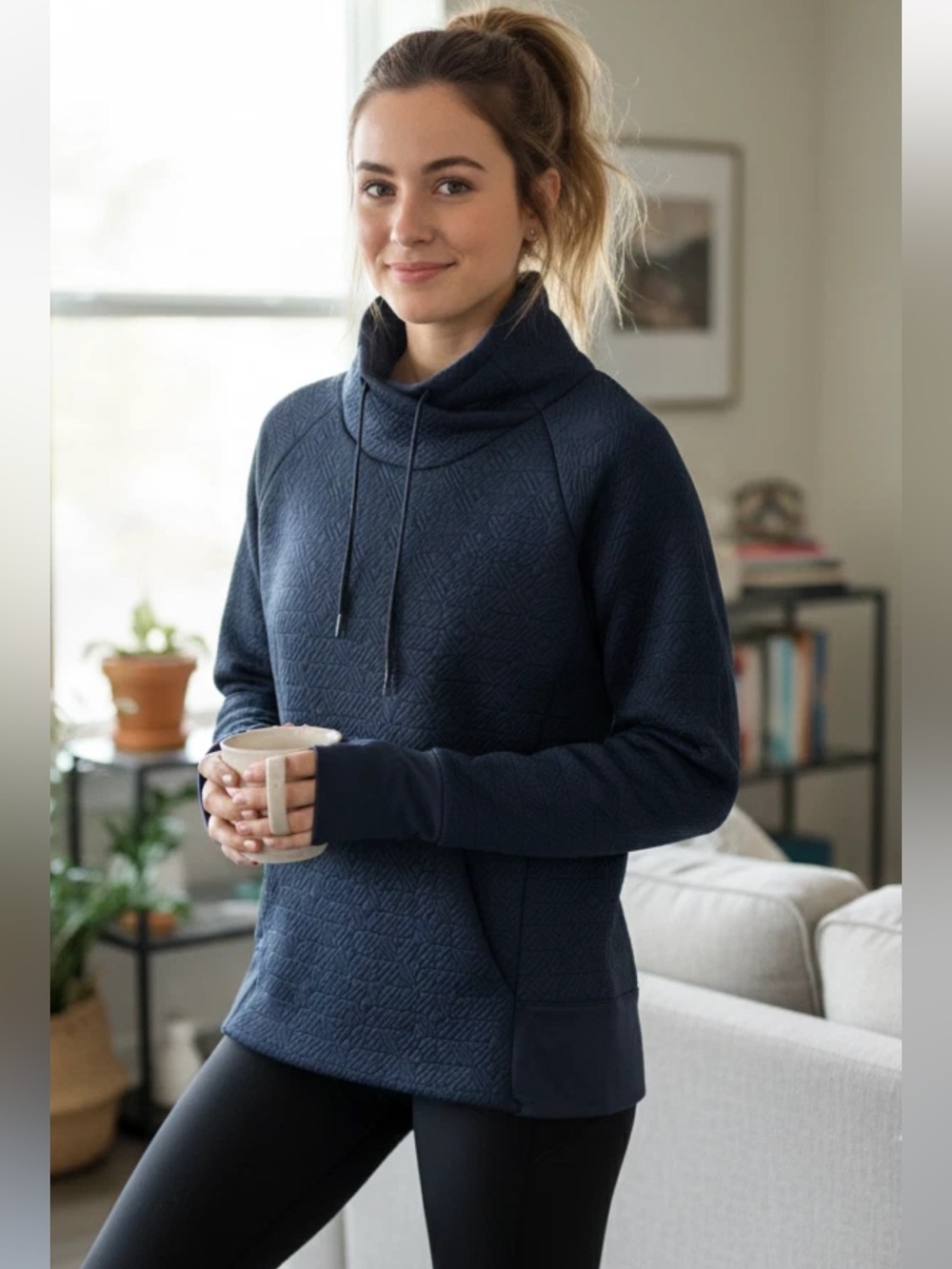 Athleta Jacquard Elevation Sweatshirt Womens Blue Funnel Neck Workout Cozy XXS
